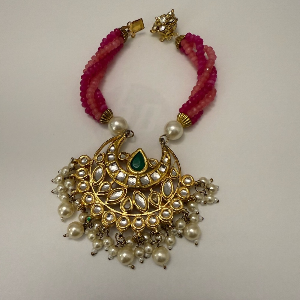 Hand Crafted Gold and Pink Bracelet with Green Detail